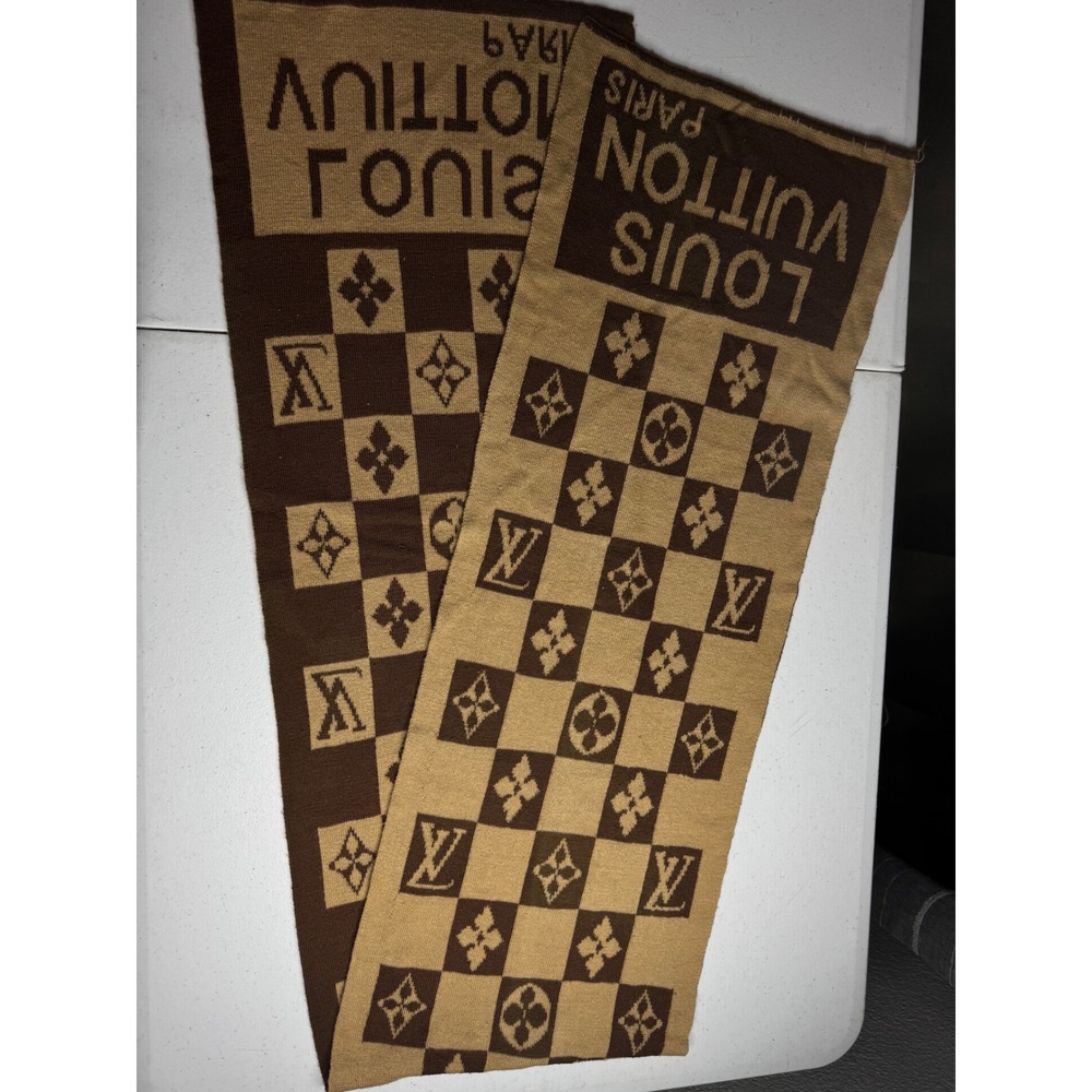 Louis Vuitton Paris Scarf Brown Tan Monogram Damier Knit Reversible Winter Logo